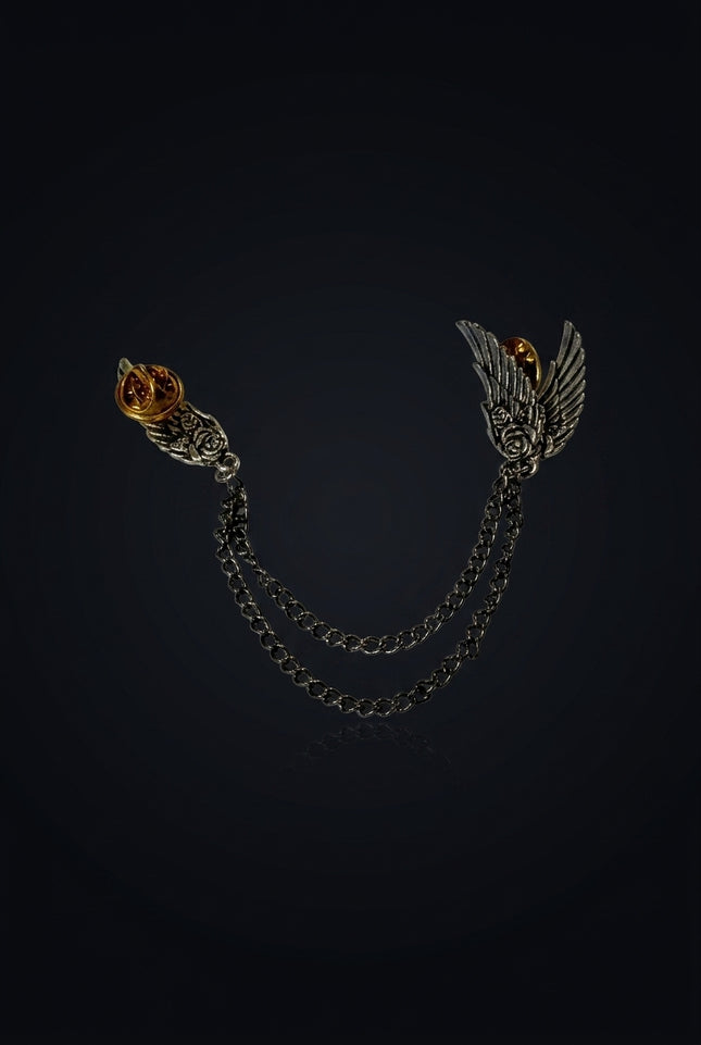 Brooch - Dark Metal, Gold two pins (wing, rose) connected by chains - front