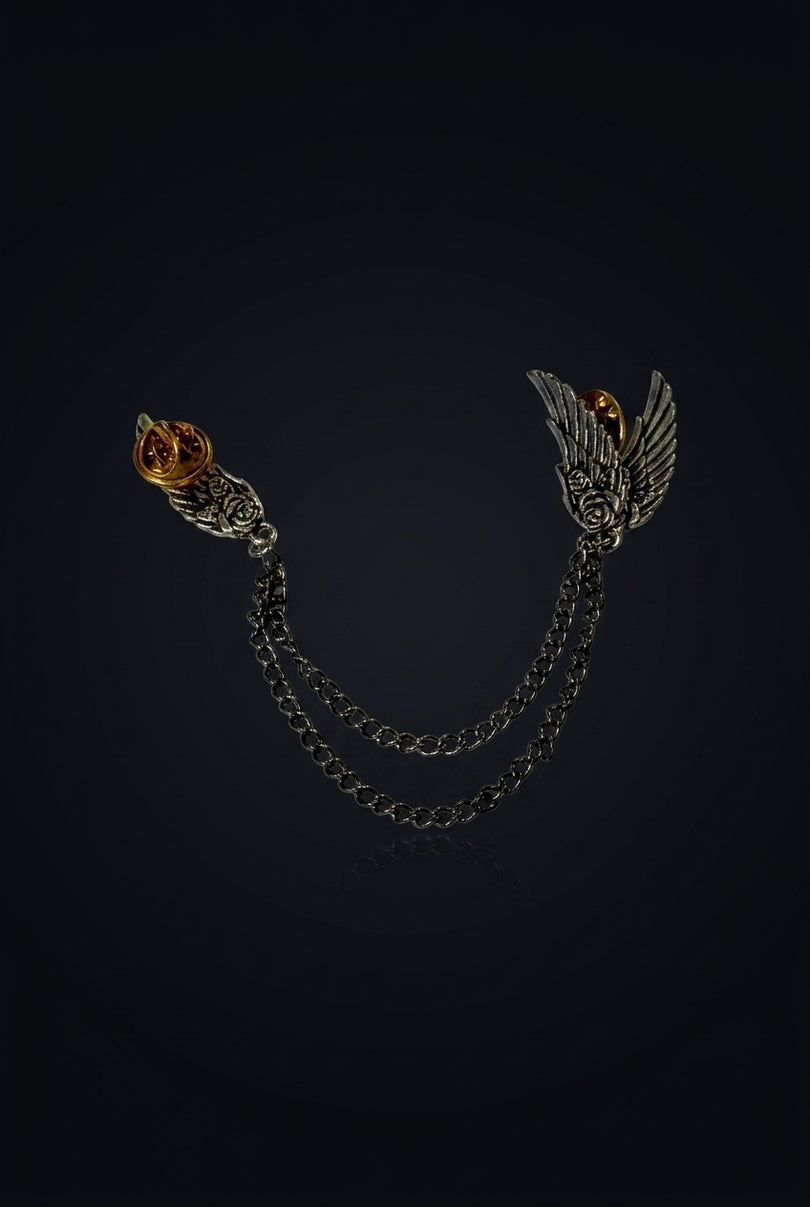Brooch - Dark Metal, Gold two pins (wing, rose) connected by chains - front