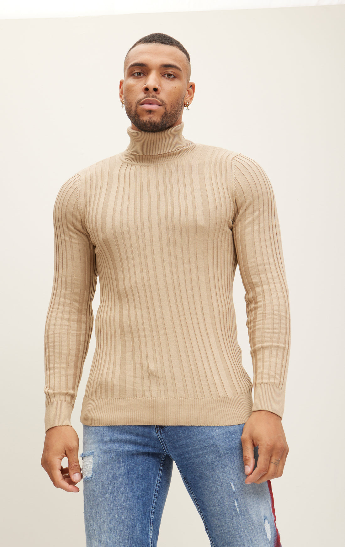 Roll Neck Ribbed Sweater - Beige