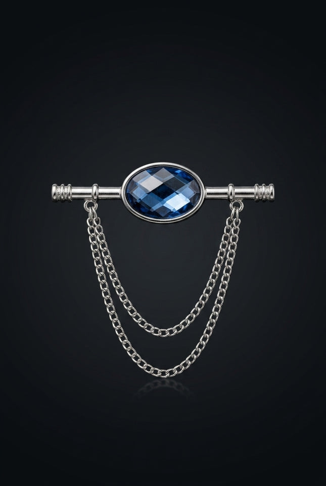 Collar Bar - Silver_Blue oval gem on bar with chains - hero