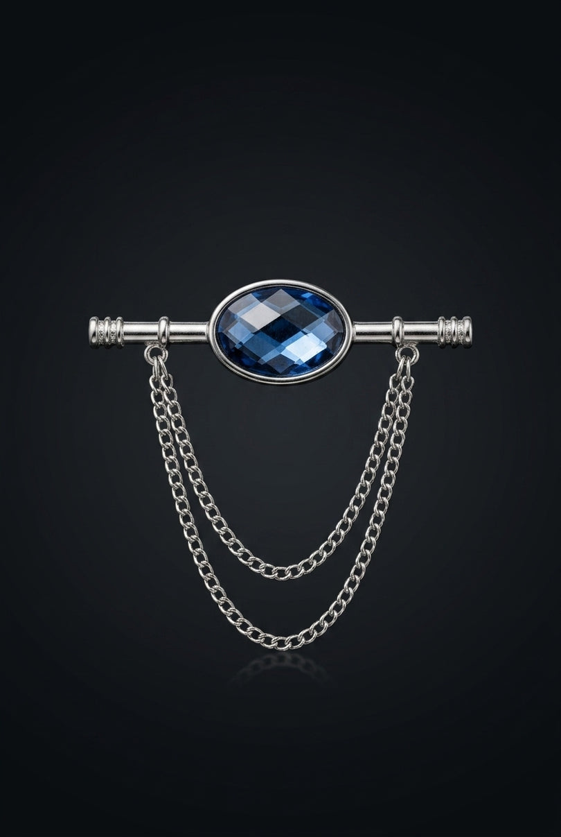 Collar Bar - Silver_Blue oval gem on bar with chains - hero
