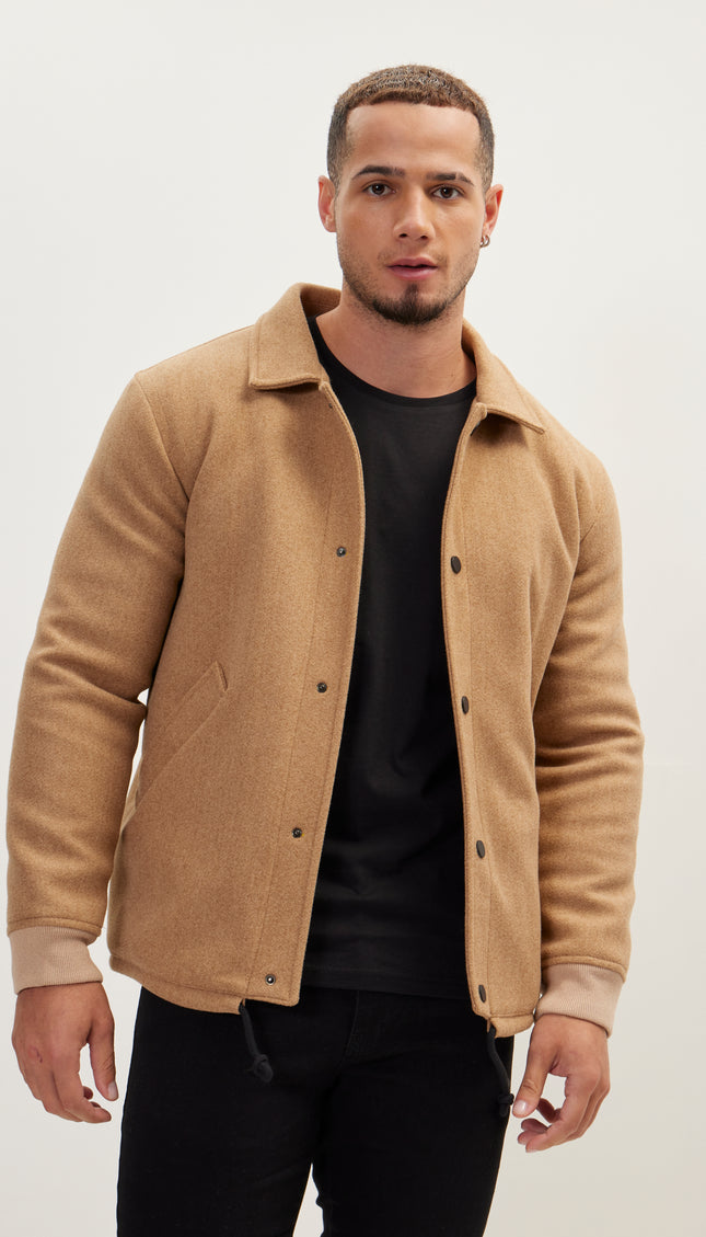 Snap Closure Collared Walking Jacket - Camel