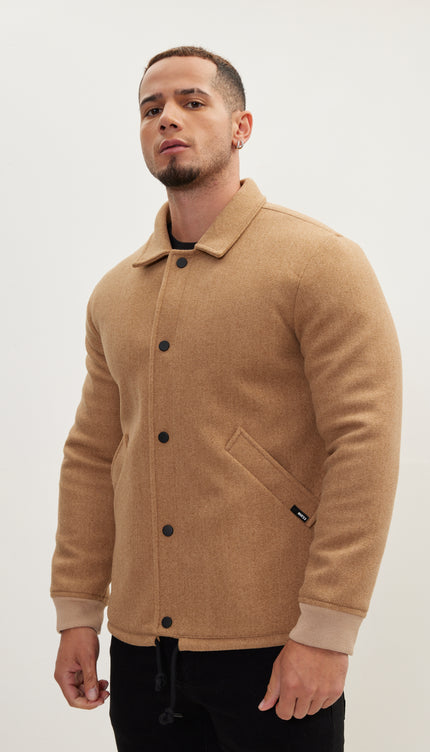 Snap Closure Collared Walking Jacket - Camel