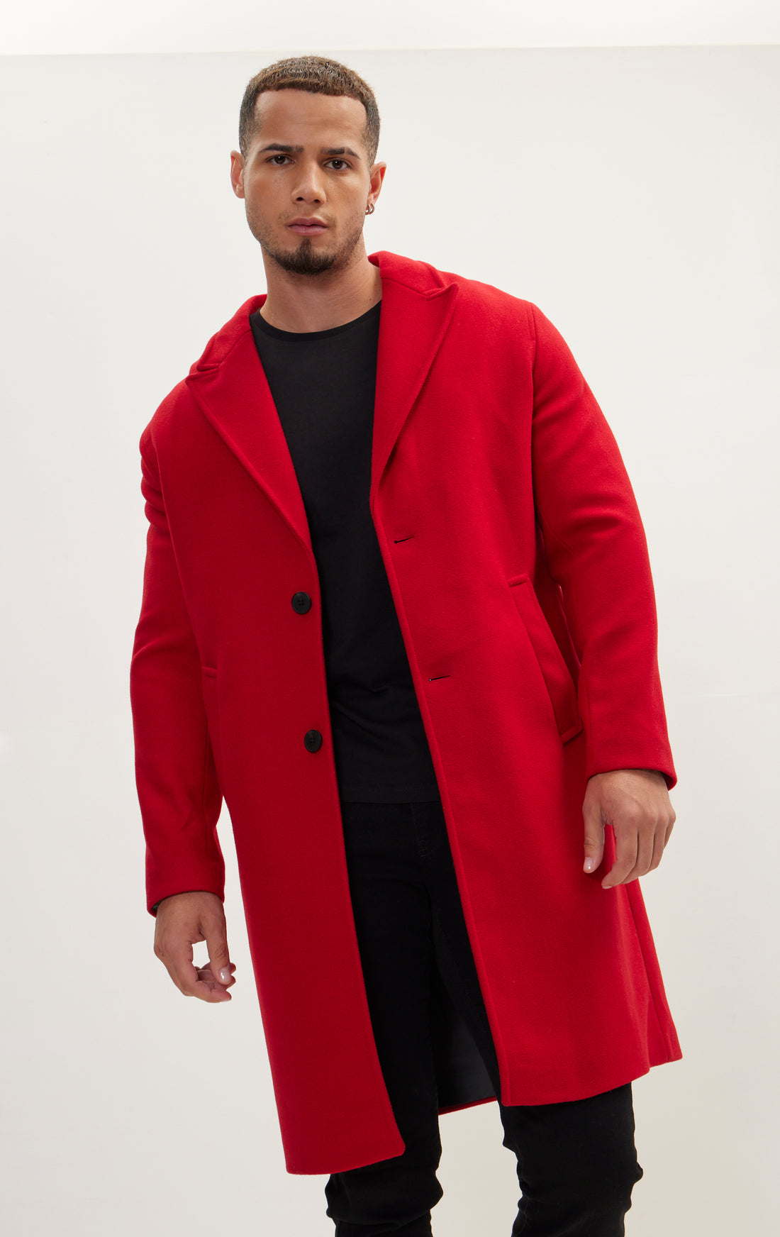 Long Fitted Pea Coat With Notch Lapel - Red