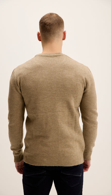 Man wearing a beige sweater against a white background