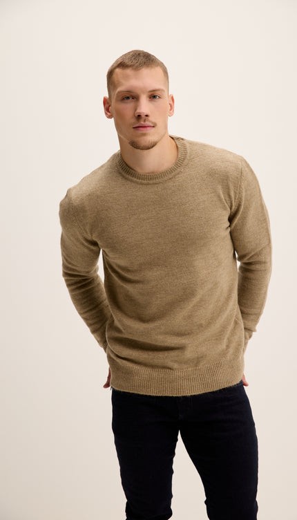 Man wearing a beige sweater against a plain background
