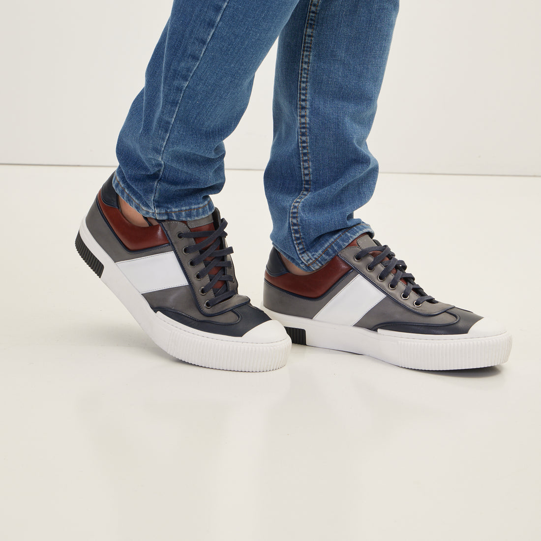 Multi Leather Lace Up Sneakers - Navy White