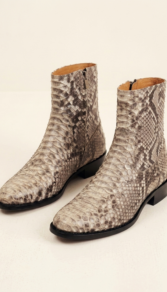 Men's Python Leather Zip Boots - Beige - Front Pair - Ron Tomson