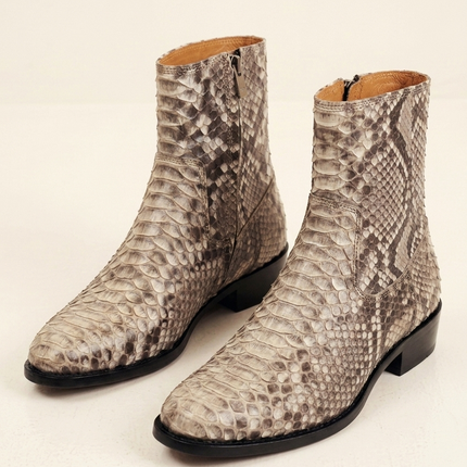 Men's Python Leather Zip Boots - Beige - Front Pair - Ron Tomson