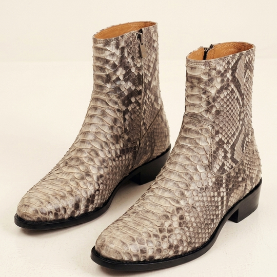 Men's Python Leather Zip Boots - Beige - Front Pair - Ron Tomson