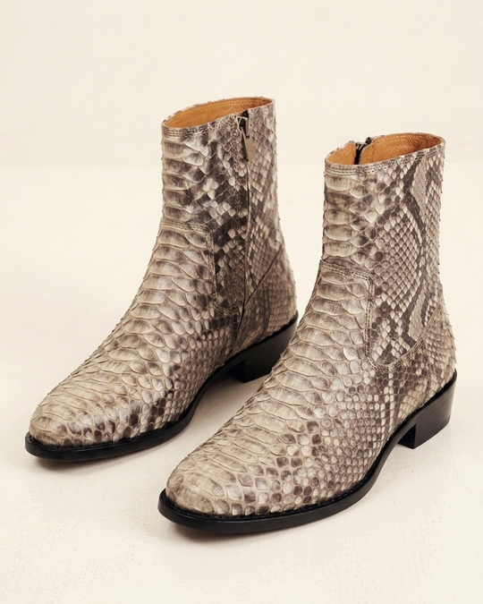 Men's Python Leather Zip Boots - Beige - Front Pair - Ron Tomson