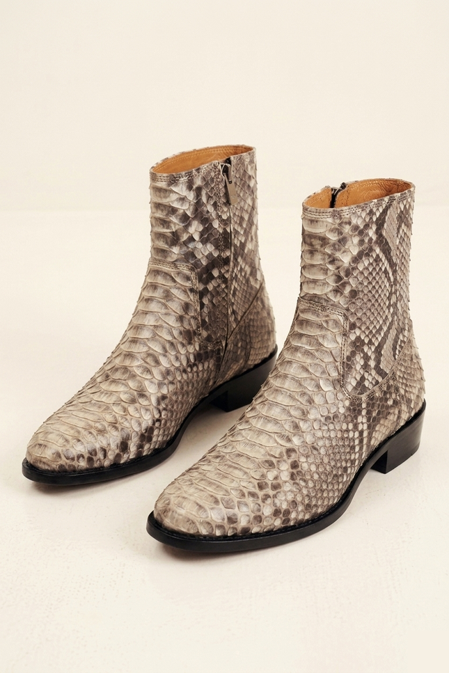 Men's Python Leather Zip Boots - Beige - Front Pair - Ron Tomson