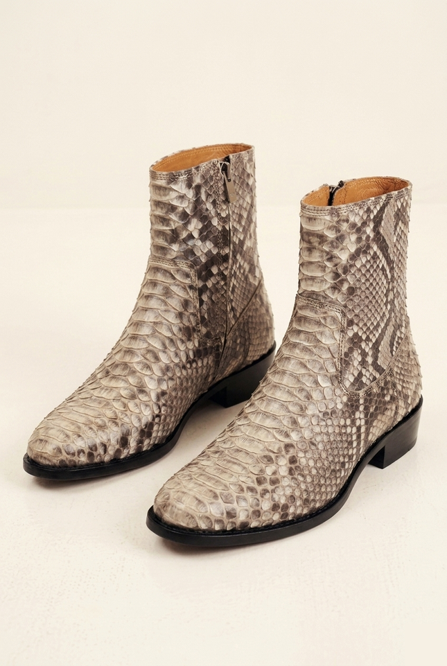 Men's Python Leather Zip Boots - Beige - Front Pair - Ron Tomson