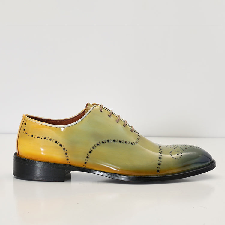 N° 10910 hand painted patina FULL BROGUE LEATHER CAP TOE DERBY SHOES - YELLOW GREEN