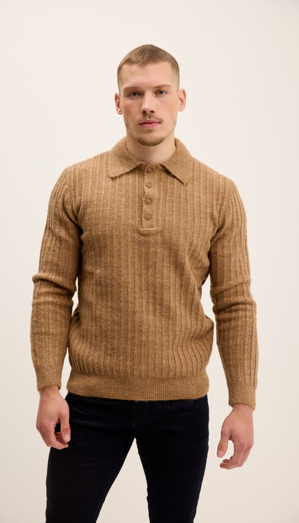 Button Collar Ribbed Sweater - Camel