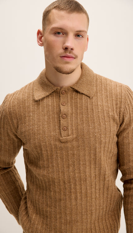 Button Collar Ribbed Sweater - Camel