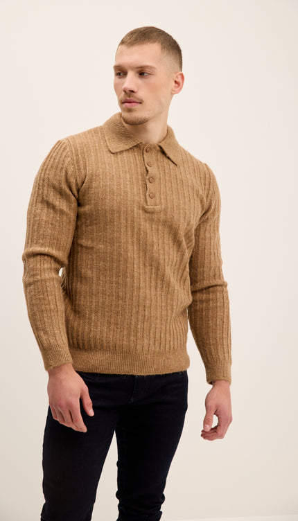 Button Collar Ribbed Sweater - Camel