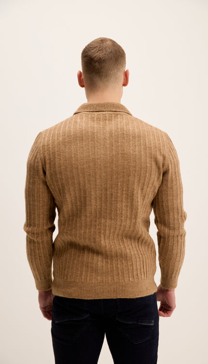 Button Collar Ribbed Sweater - Camel