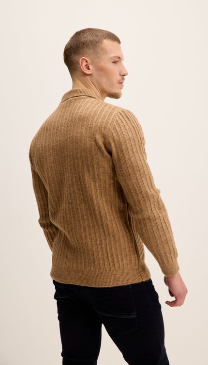 Button Collar Ribbed Sweater - Camel