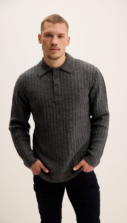 Button Collar Ribbed Sweater - Anthracite