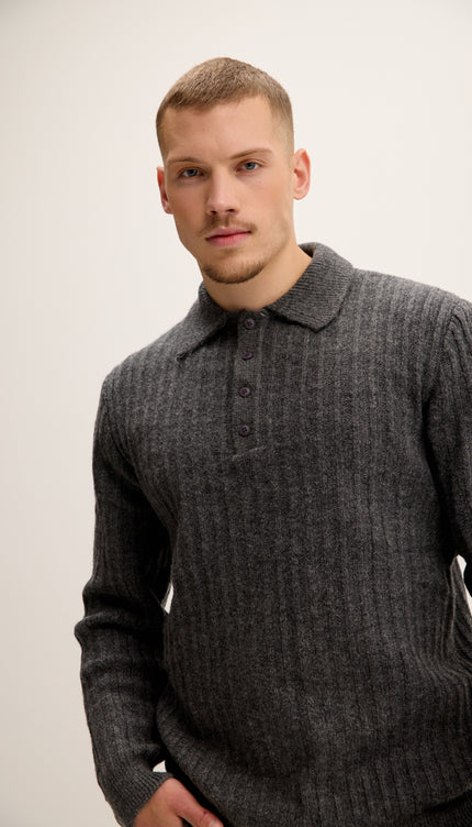Button Collar Ribbed Sweater - Anthracite