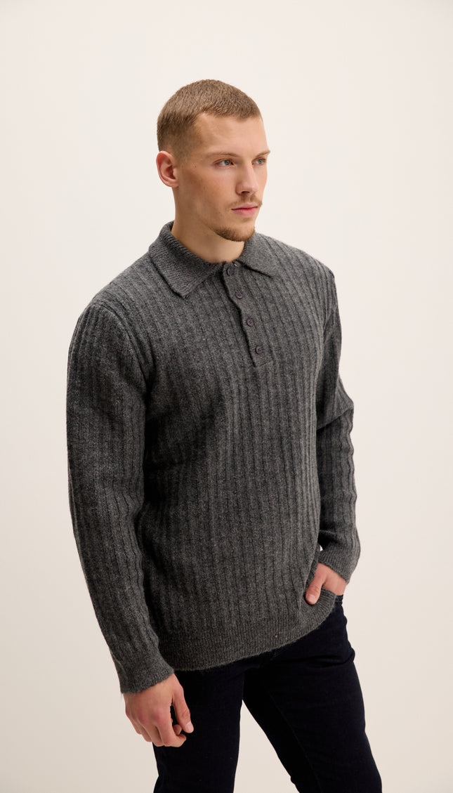 Button Collar Ribbed Sweater - Anthracite