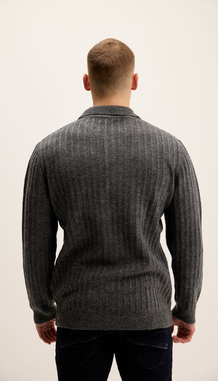 Button Collar Ribbed Sweater - Anthracite
