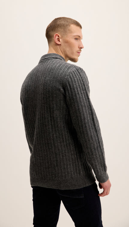 Button Collar Ribbed Sweater - Anthracite