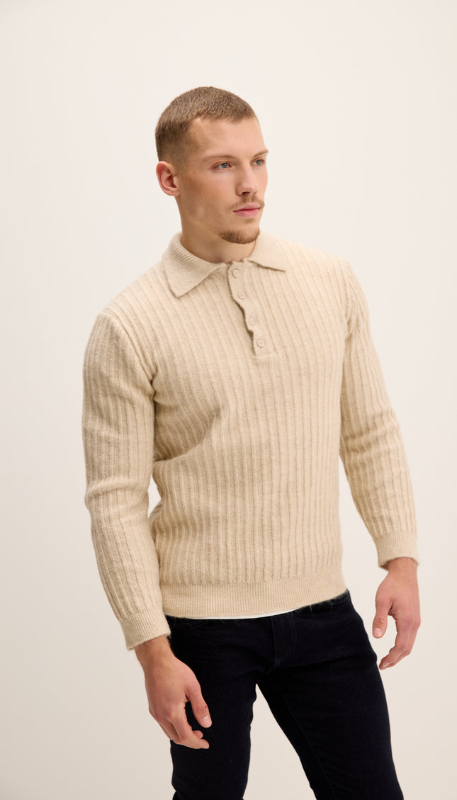 Button Collar Ribbed Sweater - Stone