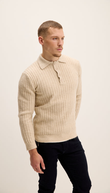 Button Collar Ribbed Sweater - Stone