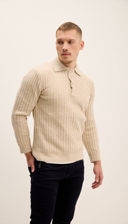 Button Collar Ribbed Sweater - Stone