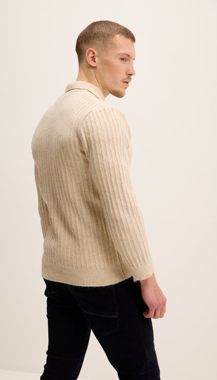 Button Collar Ribbed Sweater - Stone