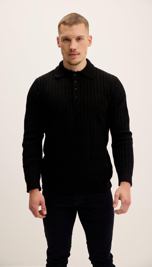 Button Collar Ribbed Sweater - Black
