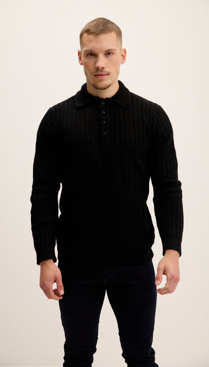Pull côtelé à col boutonné - Noir