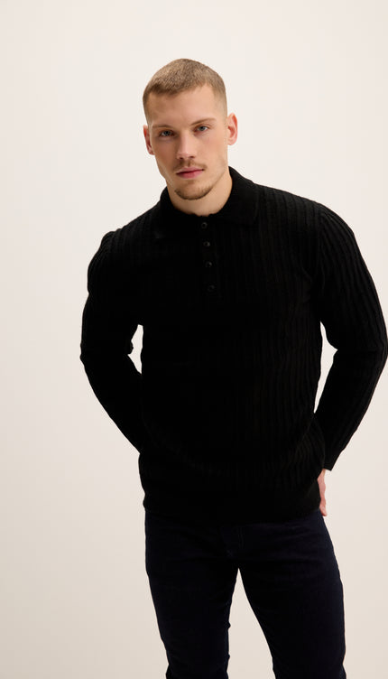 Pull côtelé à col boutonné - Noir