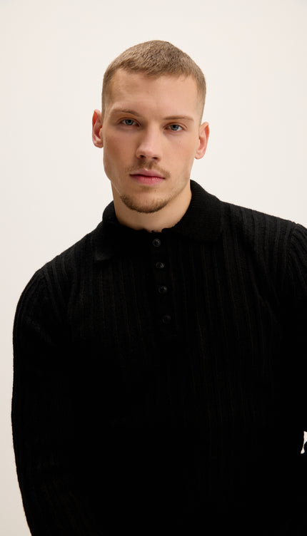 Pull côtelé à col boutonné - Noir