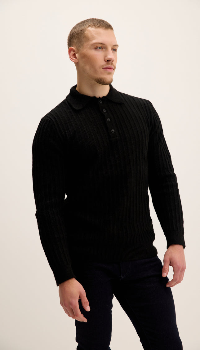 Button Collar Ribbed Sweater - Black