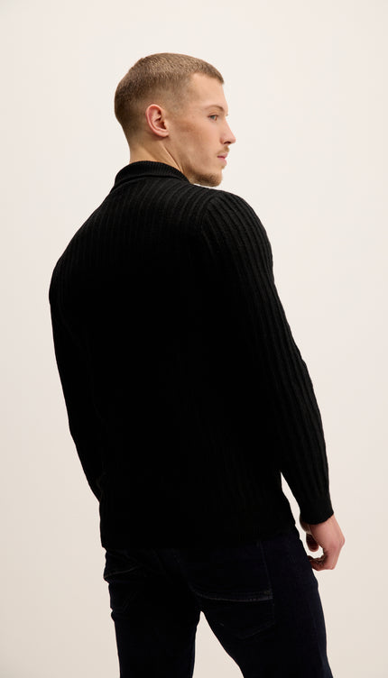 Pull côtelé à col boutonné - Noir