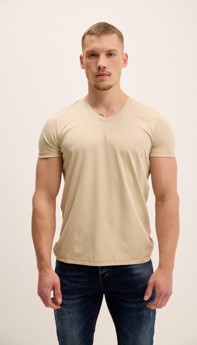 V-neck Fitted Sleeves T-shirt - Beige