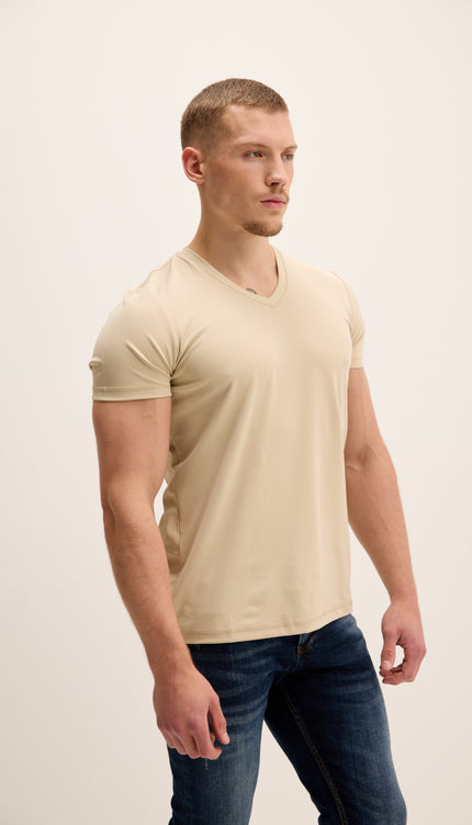 V-neck Fitted Sleeves T-shirt - Beige