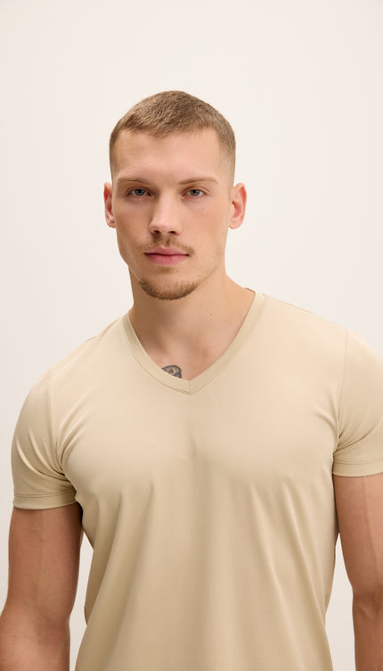 V-neck Fitted Sleeves T-shirt - Beige