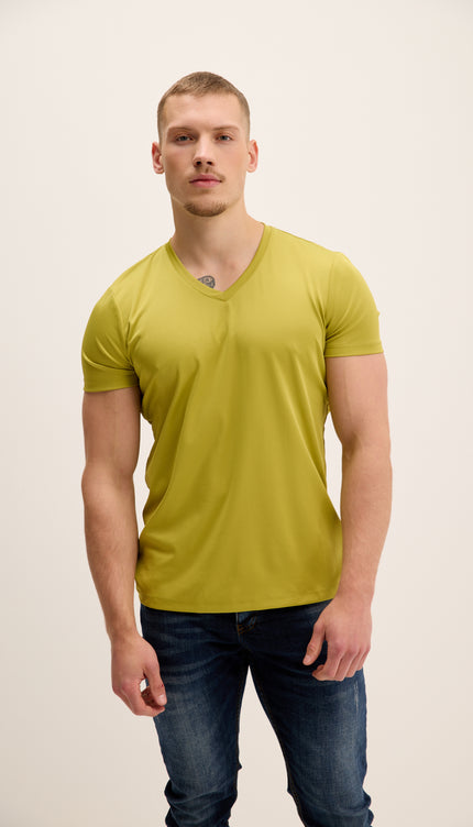 V-neck Fitted Sleeves T-shirt - Oil Green
