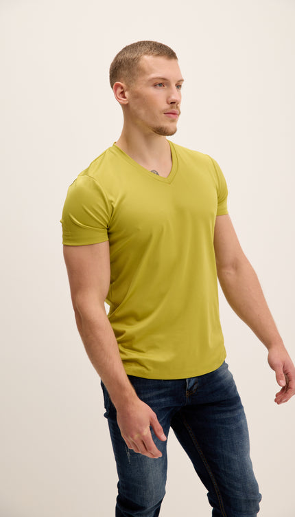 V-neck Fitted Sleeves T-shirt - Oil Green