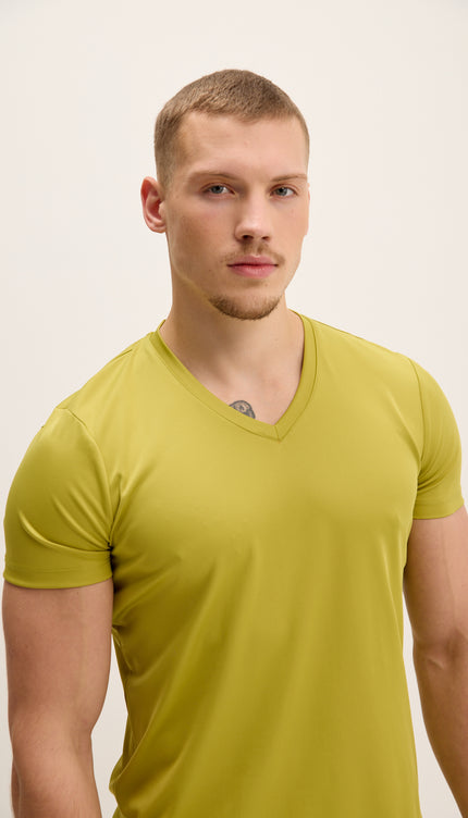 V-neck Fitted Sleeves T-shirt - Oil Green