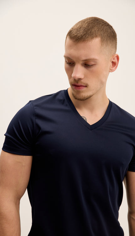 V-neck Fitted Sleeves T-shirt - Navy