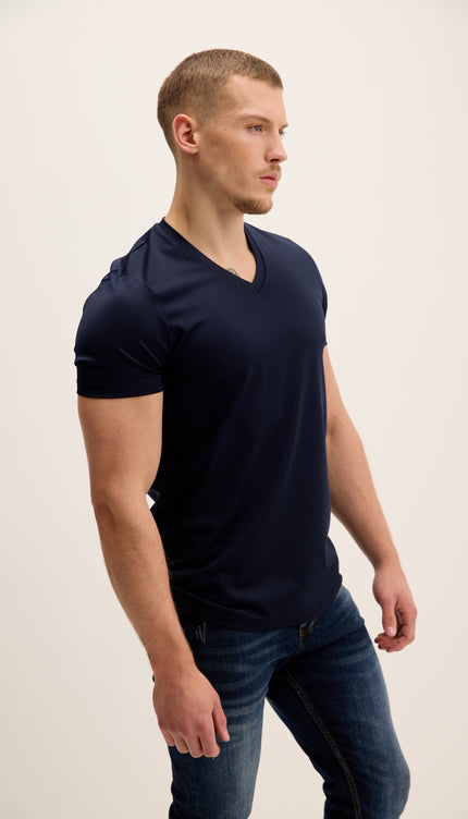 V-neck Fitted Sleeves T-shirt - Navy