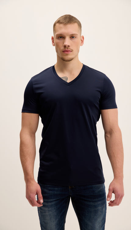 V-neck Fitted Sleeves T-shirt - Navy