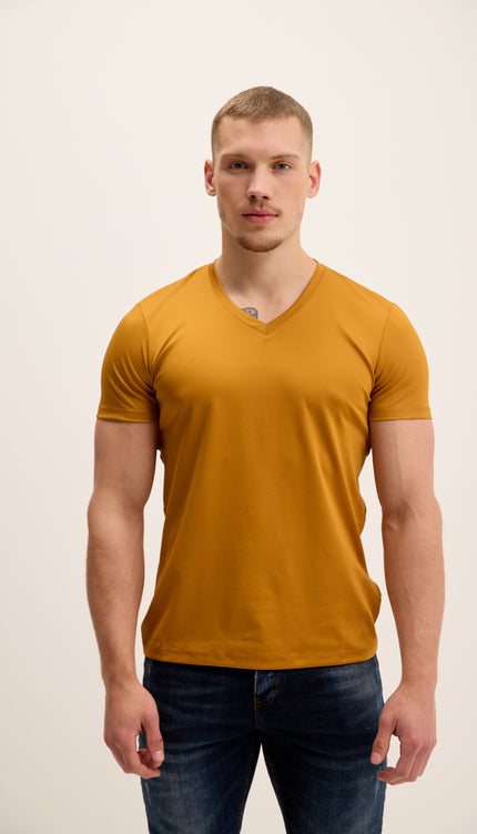 T-shirt à manches ajustées et col en V - Moutarde