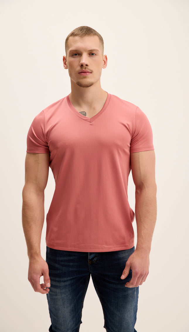 V-neck Fitted Sleeves T-shirt - Pink