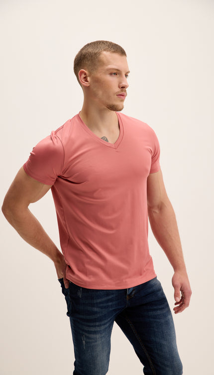 T-shirt à manches ajustées et col en V - Rose